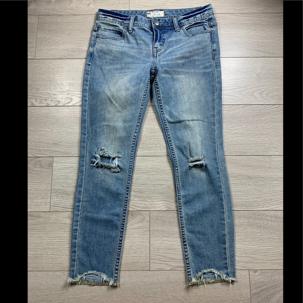 Free People Mid Rise Distressed Raw Hem Skinny Leg Jeans - Picture 2 of 12